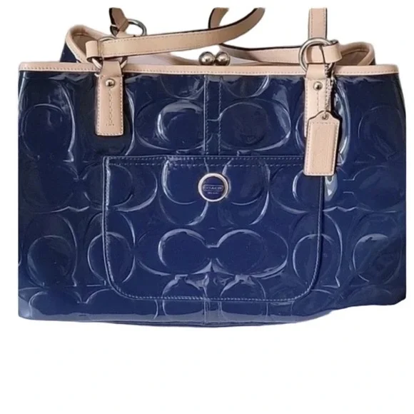 Coach F25487 Gallery Tote Patent Leather Navy Beige Trim Shoulder Bag Excellent - Picture 2 of 14